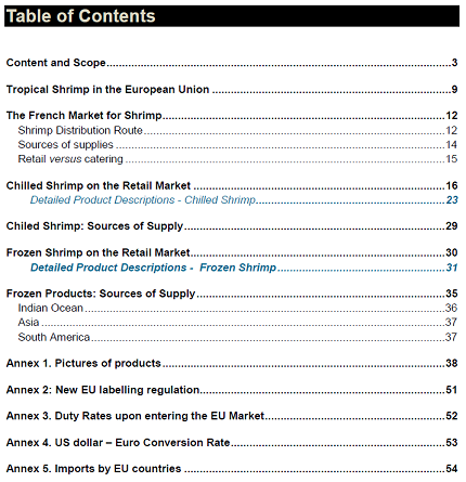 Table of contents -- The French seafood retail market: Focus on warmwater shrimp