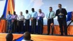 Ribbon cutting ceremony with Danny Faure, the president of Seychelles; Charles Bastienne, minister of agriculture and fisheries; Didier Dogley, minister of tourism, civil aviation, ports and marines; and Jacques de Chateauvieux, president of Sapmer