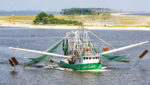 A commercial shrimp boat heading through Biloxi Bay Channel, with nets extended. The shrimp industry is vital to segments of the Biloxi, Mississippi, economy. Credit: Simply Photos/Shutterstock.com