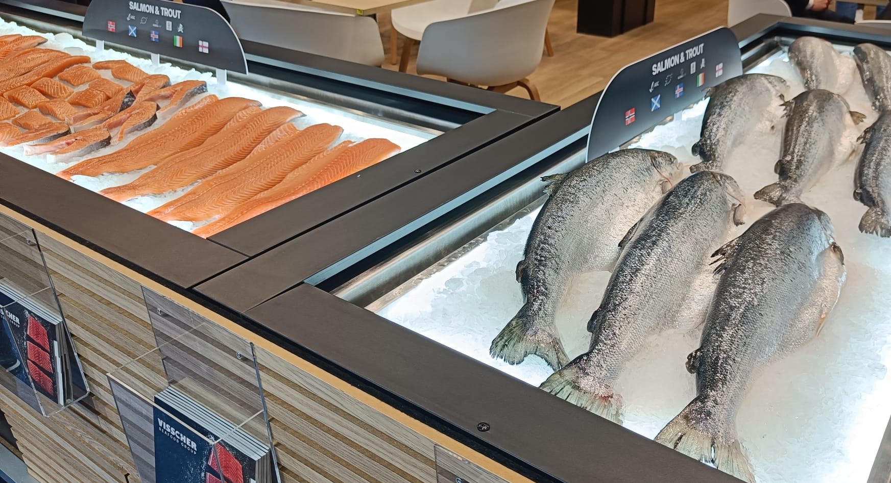 Farmed salmon of various origins, as sold by Visscher Seafood at SEG 2024. Credit: UCN